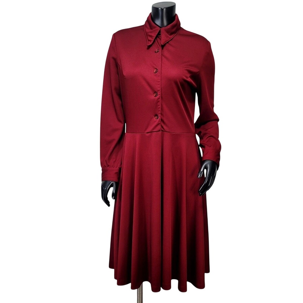 Vintage 70s Jan Sue‎ of California Burgundy Red L/S ALine Collared Dress